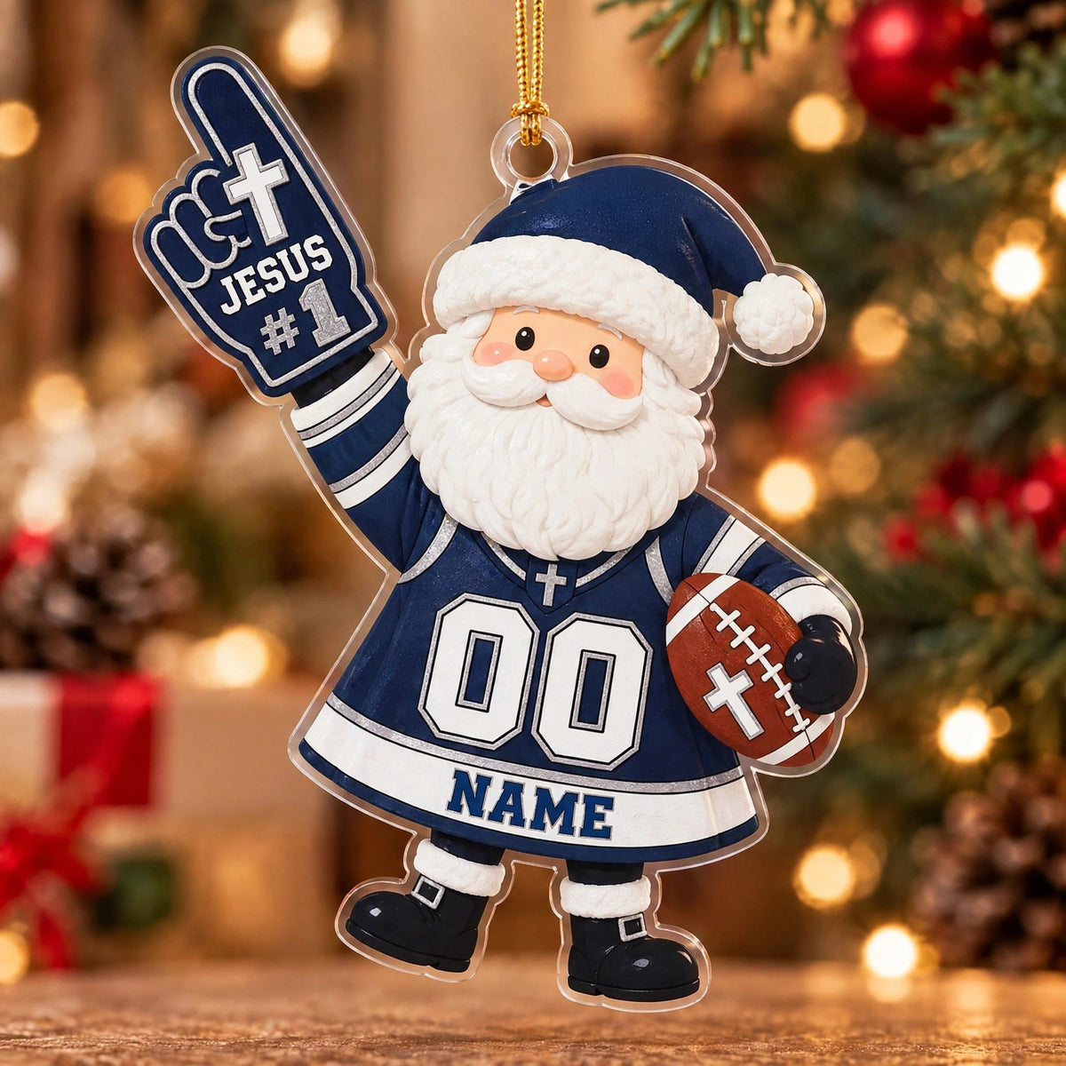 Jesus #1 Navy Football Santa Personalized Sports Ornament