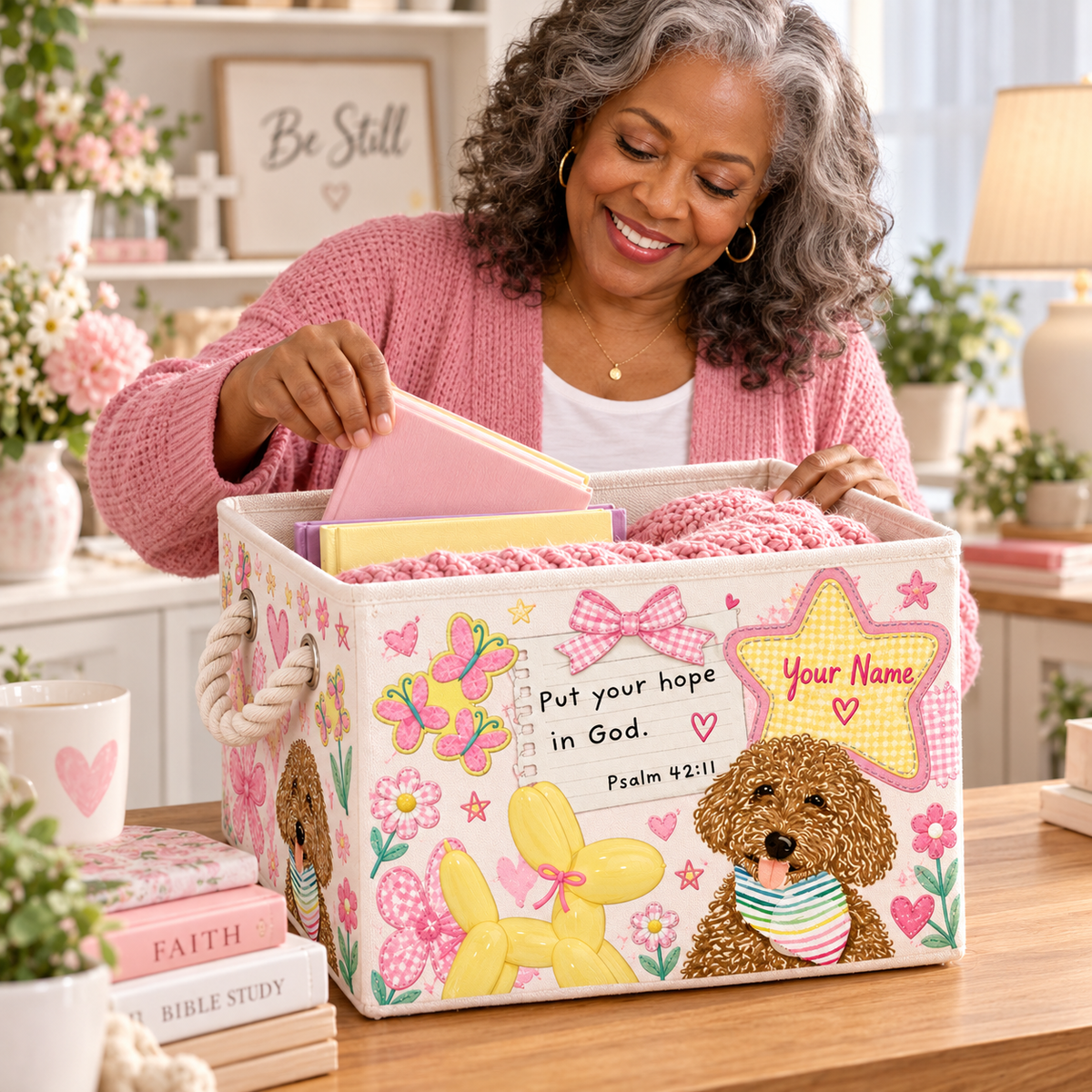 Pastel Puppy Butterfly Personalized Storage Basket