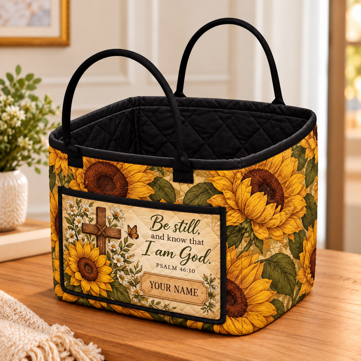 Vintage Sunflower Personalized Quilted Storage Basket