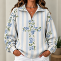 Blue Floral Stripes Women's Half-zip Sweatshirt NWY076