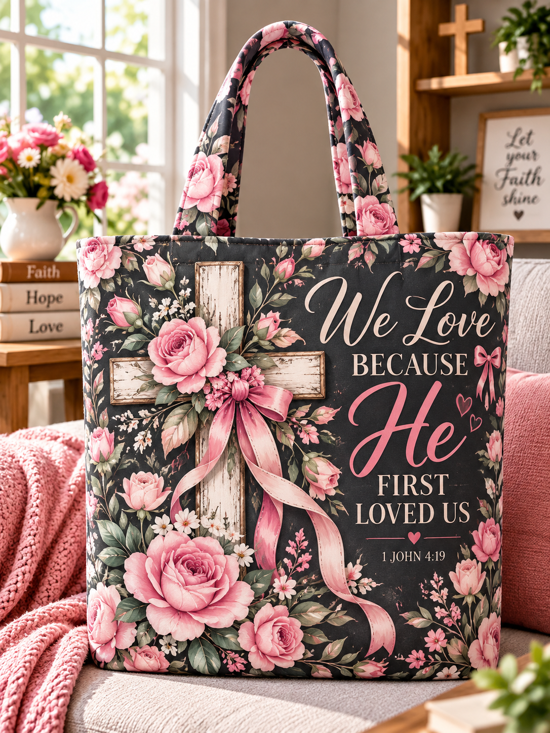 We Love Because He First Loved Us Tote Bag