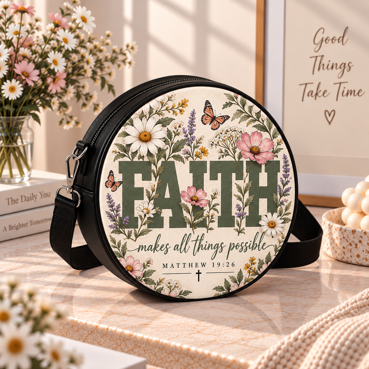 Faith Floral Butterfly Personalized Leather Round Bag
