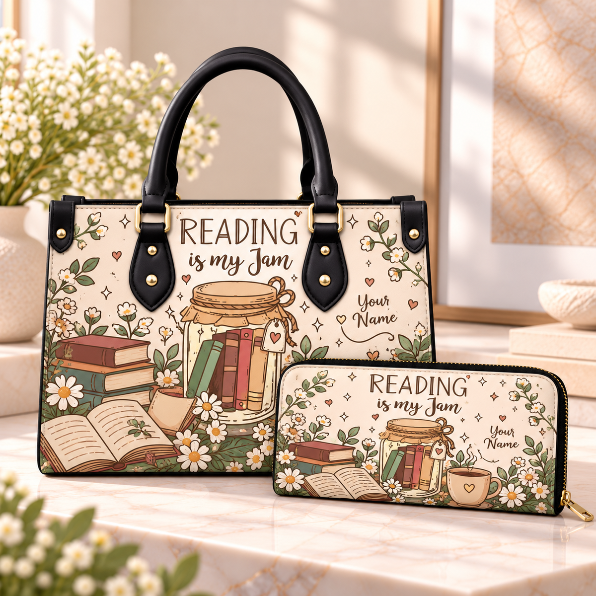 Reading Jam Book Jar Personalized PU Leather Handbag & Leather Long Wallet