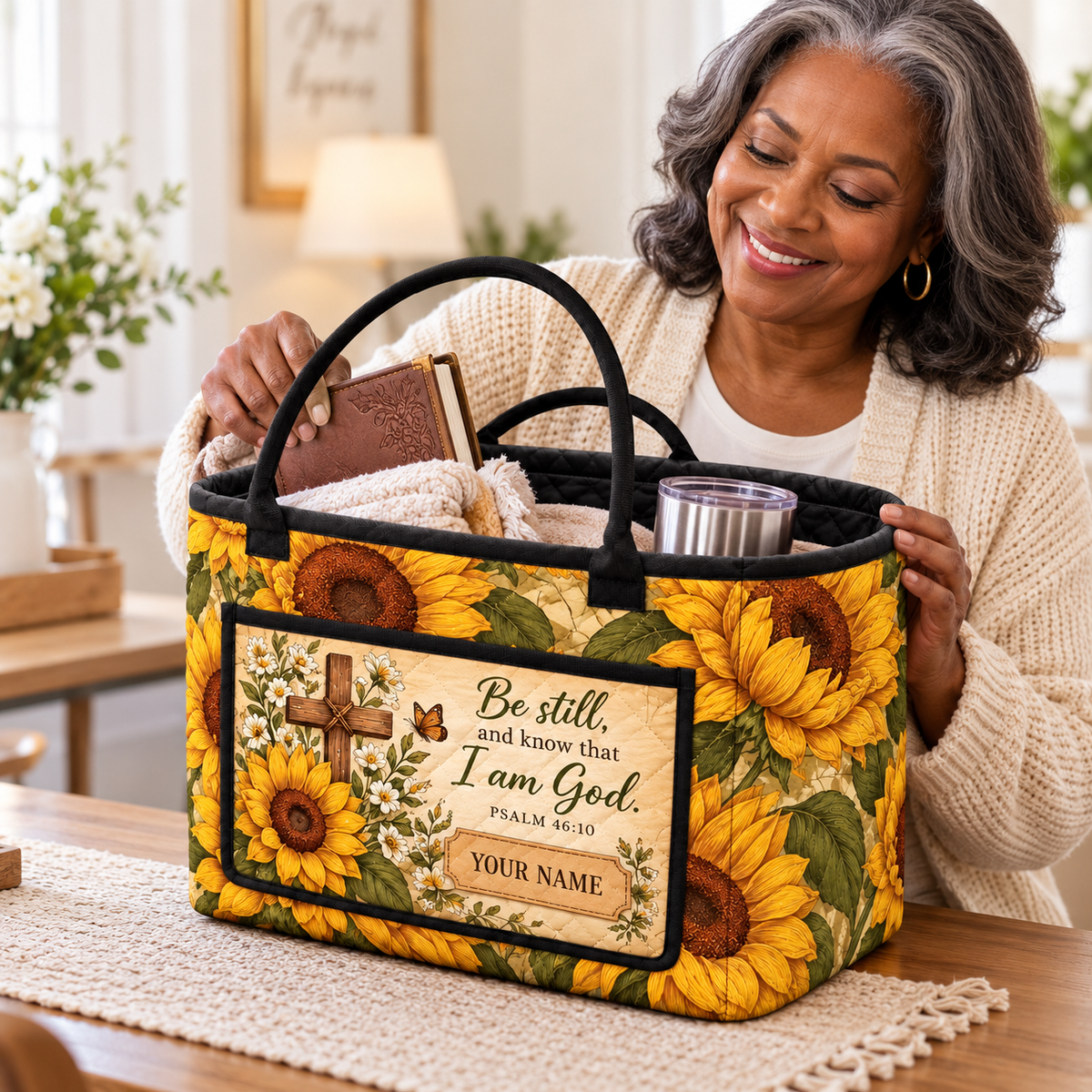 Vintage Sunflower Personalized Quilted Storage Basket