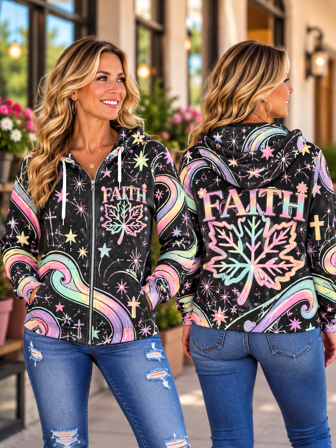 Front and back view of woman wearing black Faith rainbow tree zip hoodie