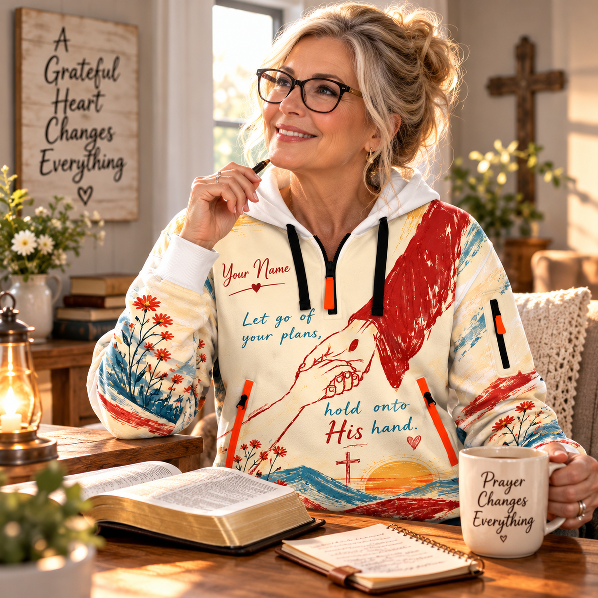 Sunset Holding Hands Personalized Half-Zip Hoodie