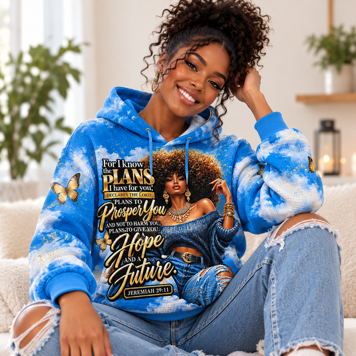 Sky Blue Golden Butterfly Portrait Waffle Hoodie