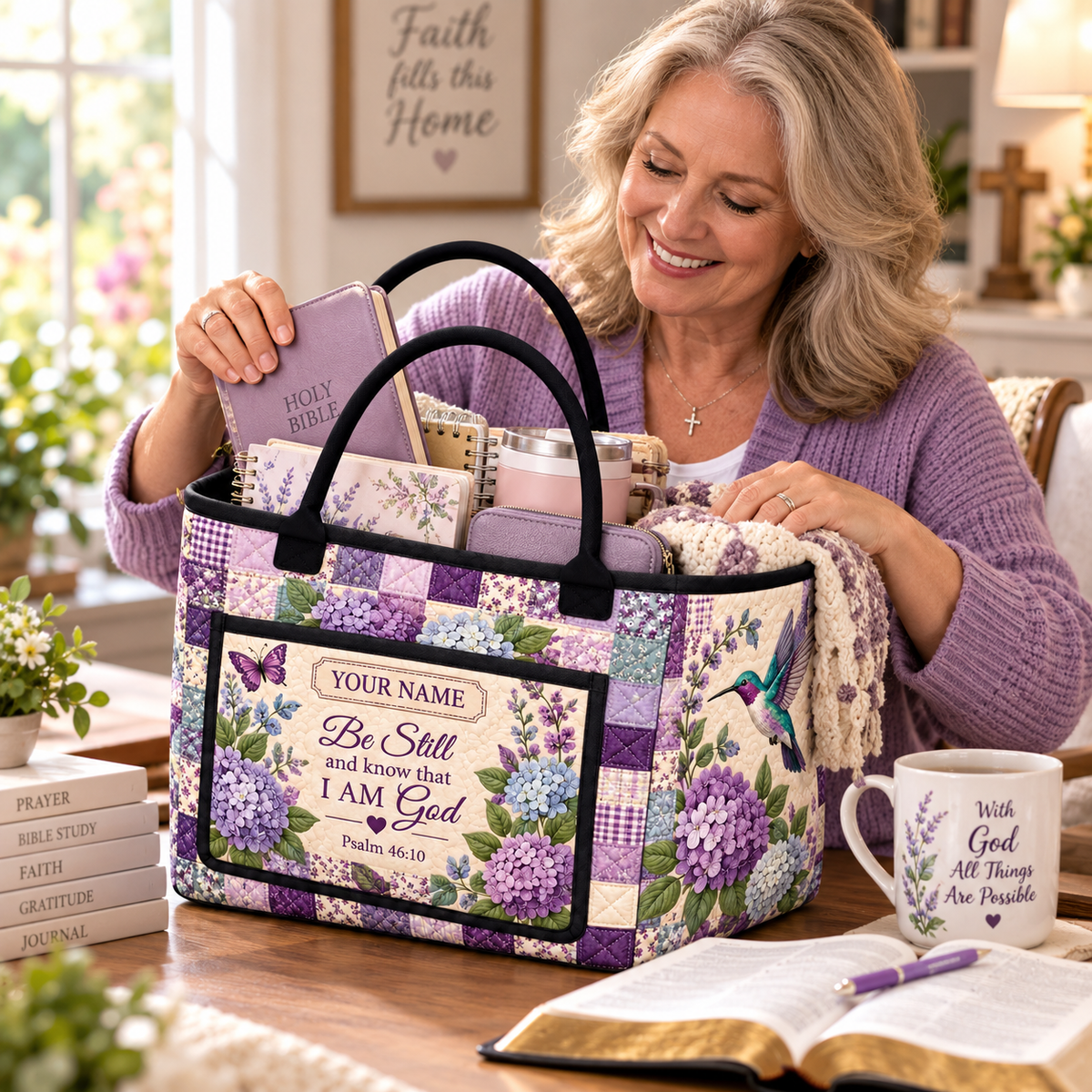 Purple Hydrangea Hummingbird Personalized Quilted Storage Basket