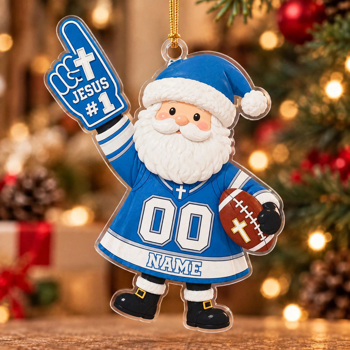 Jesus #1 Blue Football Santa Personalized Sports Ornament