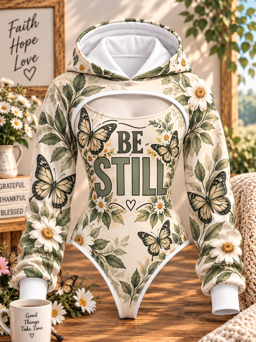 Be Still Daisy Butterfly Hooded Jumpsuit