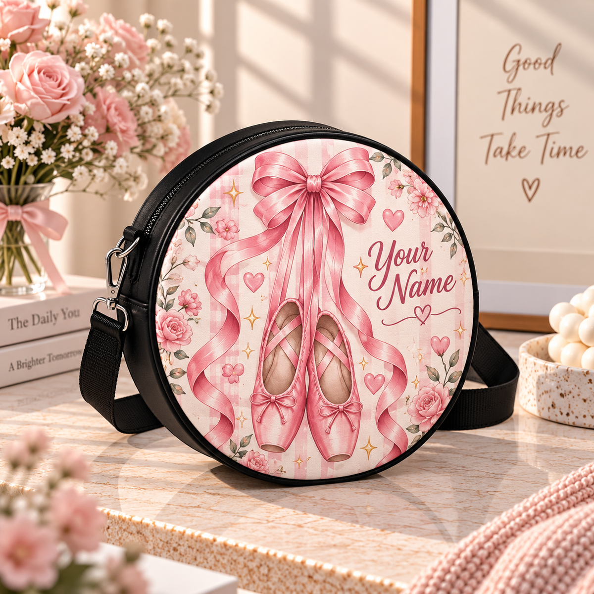 Pink Ballet Shoes Bow Personalized Leather Round Bag