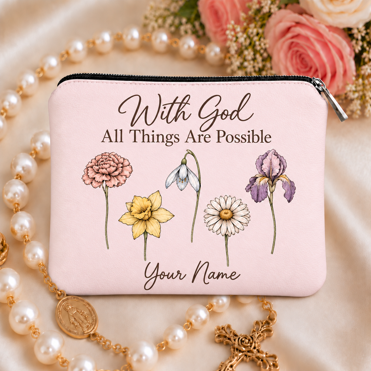 With God Garden Flowers Personalized PU Leather Pouch