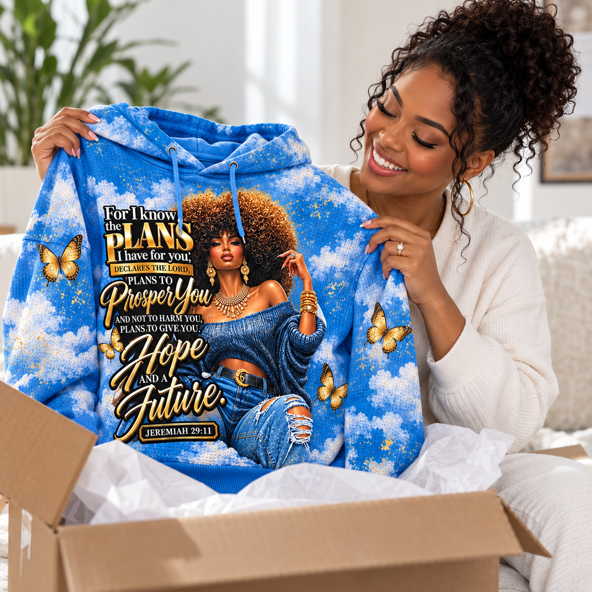 Sky Blue Golden Butterfly Portrait Waffle Hoodie