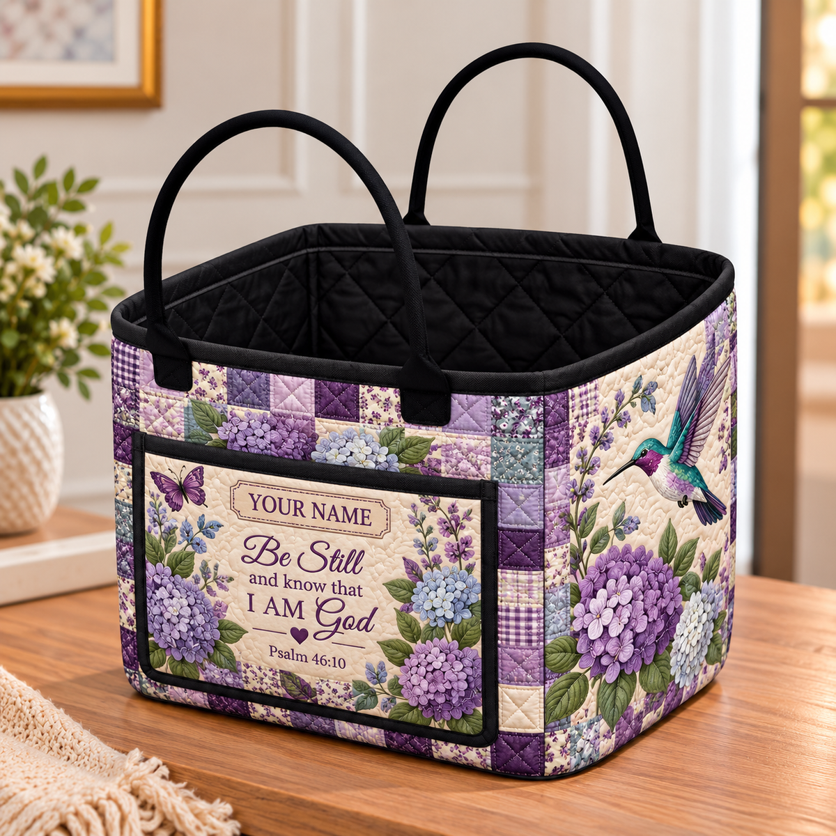 Purple Hydrangea Hummingbird Personalized Quilted Storage Basket