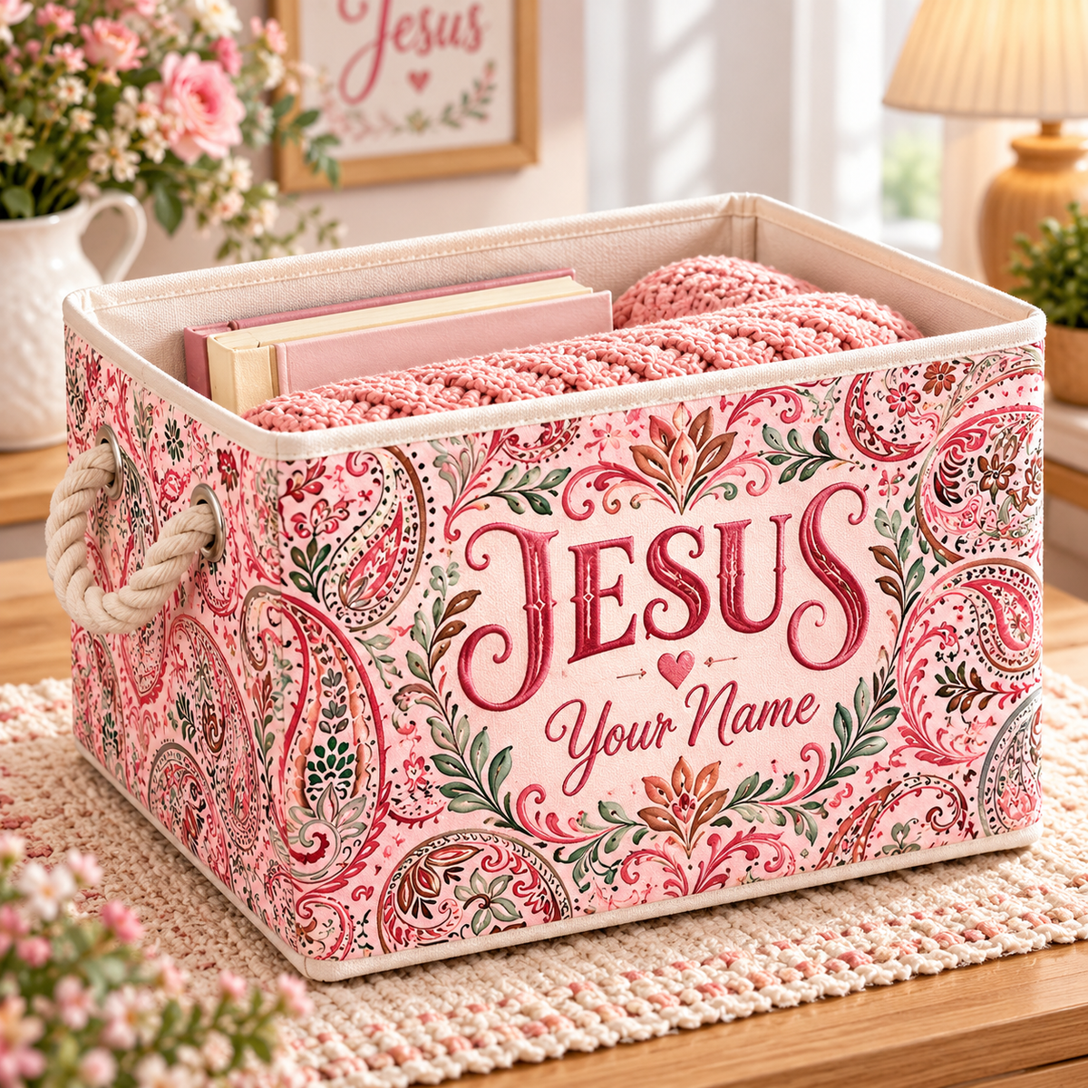 Pink Floral Paisley Personalized Storage Basket