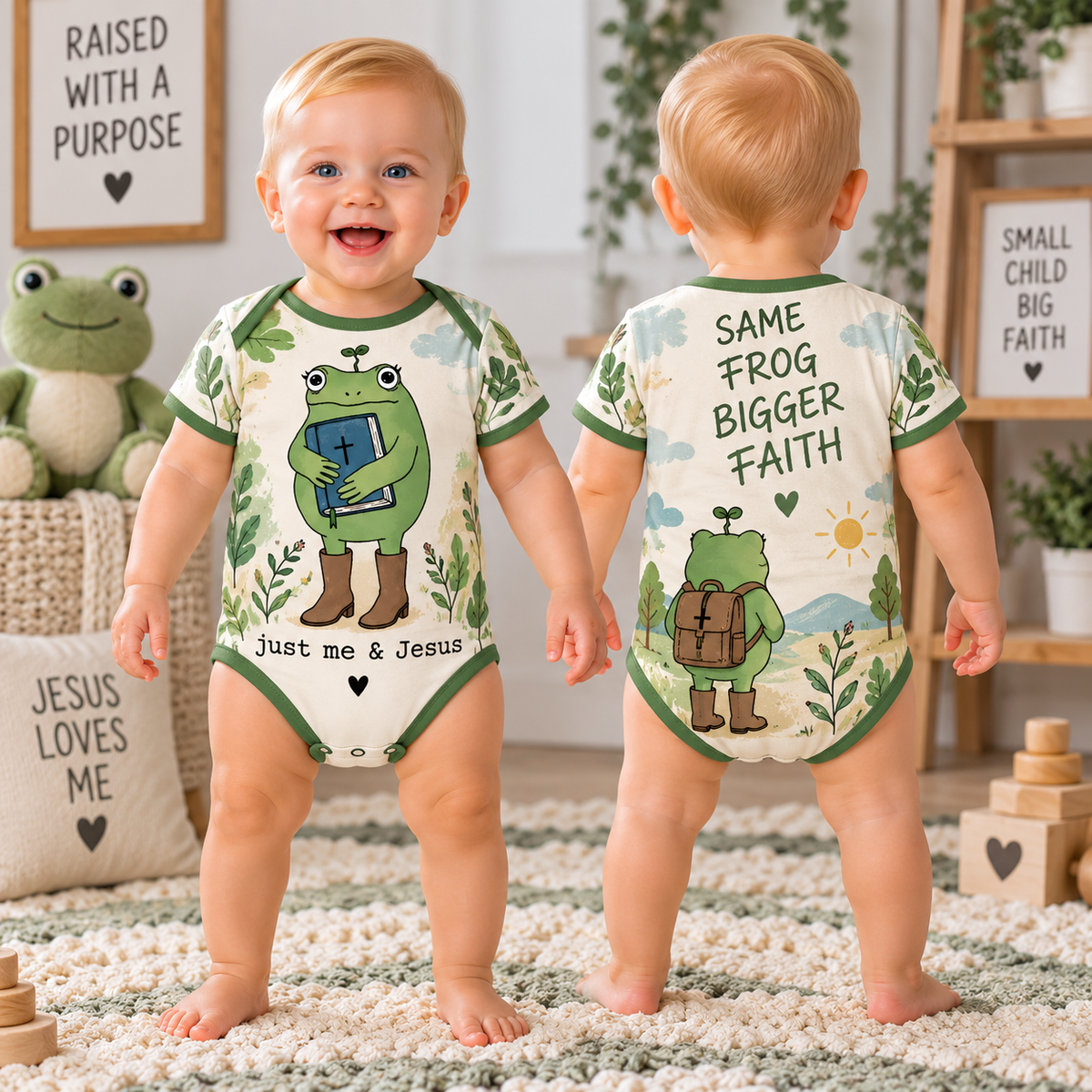 Just Me And Jesus Frog Baby Bodysuit