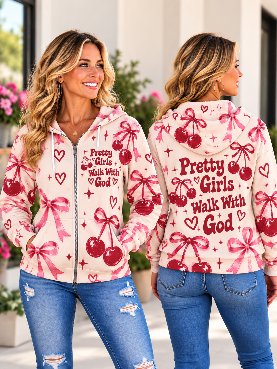 Pretty Girls Walk With God Cherry Bow Zip Hoodie