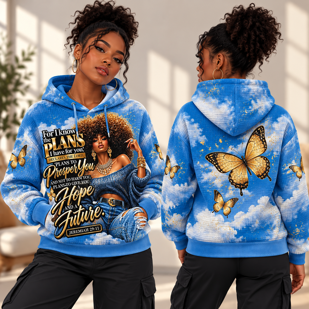 Sky Blue Golden Butterfly Portrait Waffle Hoodie
