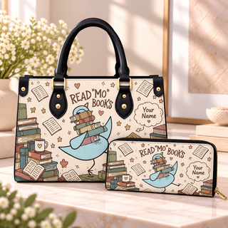 Blue Bird Book Stack Personalized PU Leather Handbag & Leather Long Wallet