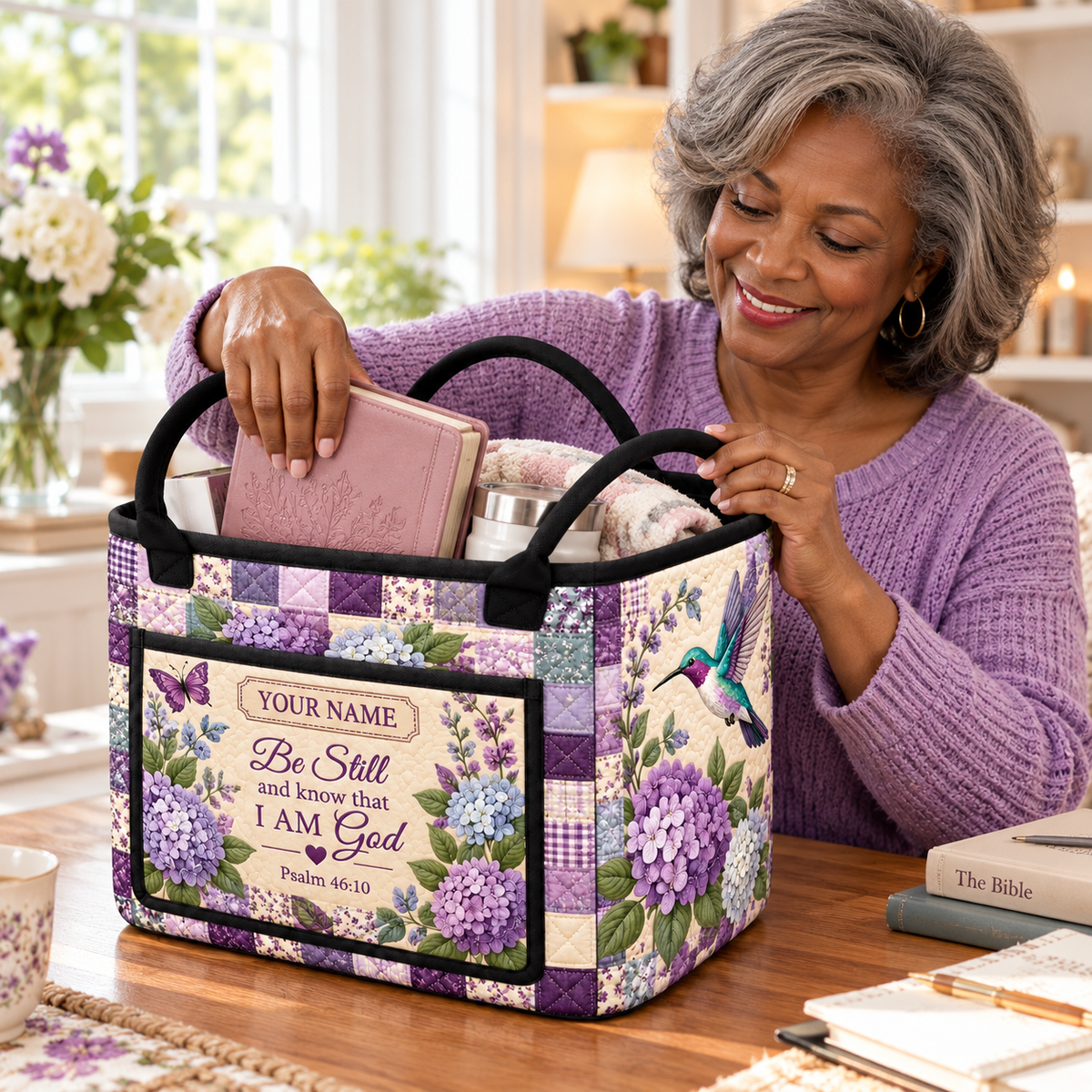 Purple Hydrangea Hummingbird Personalized Quilted Storage Basket