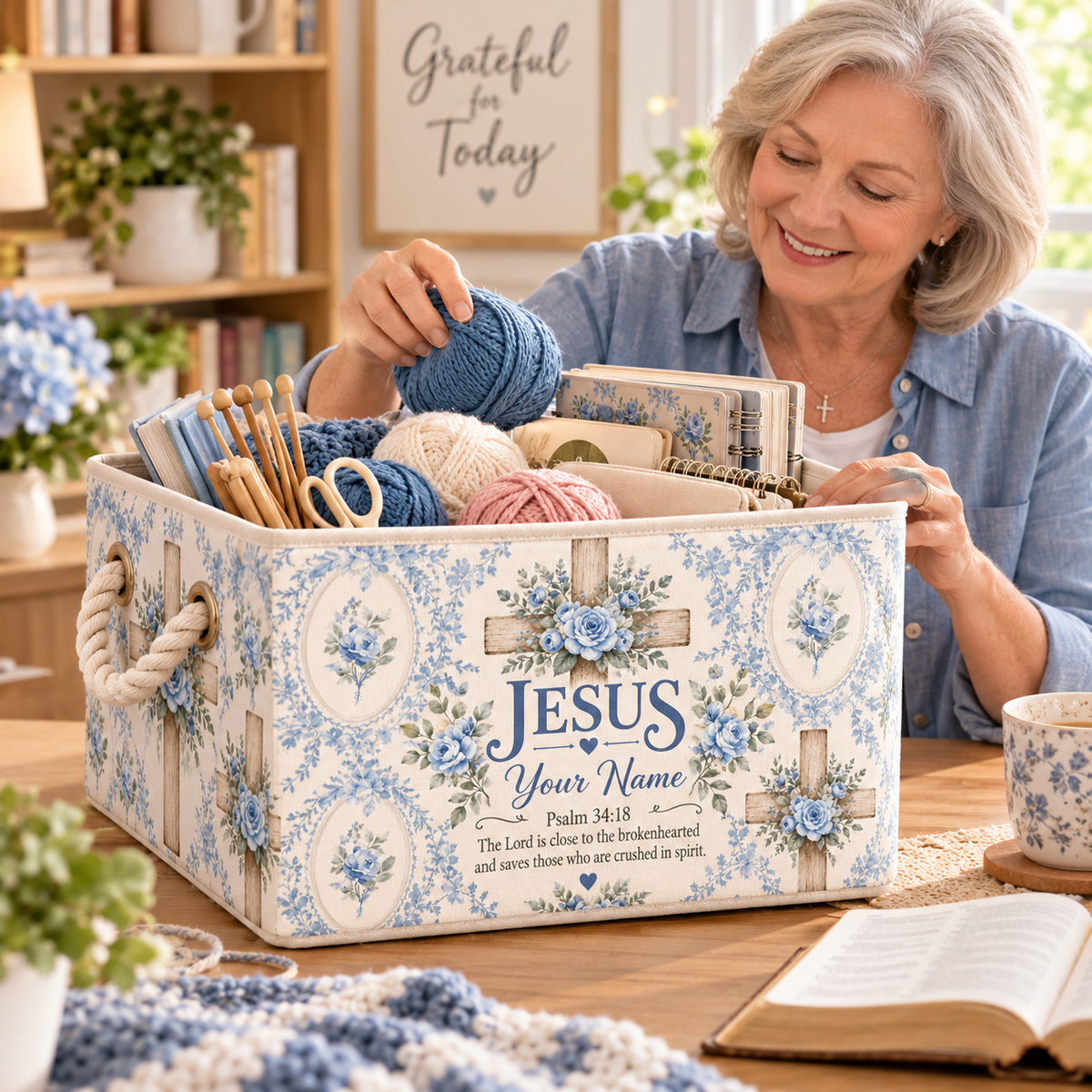 Vintage Blue Rose Personalized Storage Basket