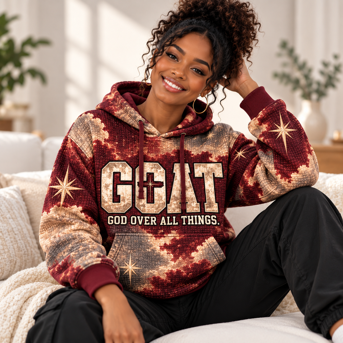 Burgundy Clouds and Golden Stars Waffle Hoodie