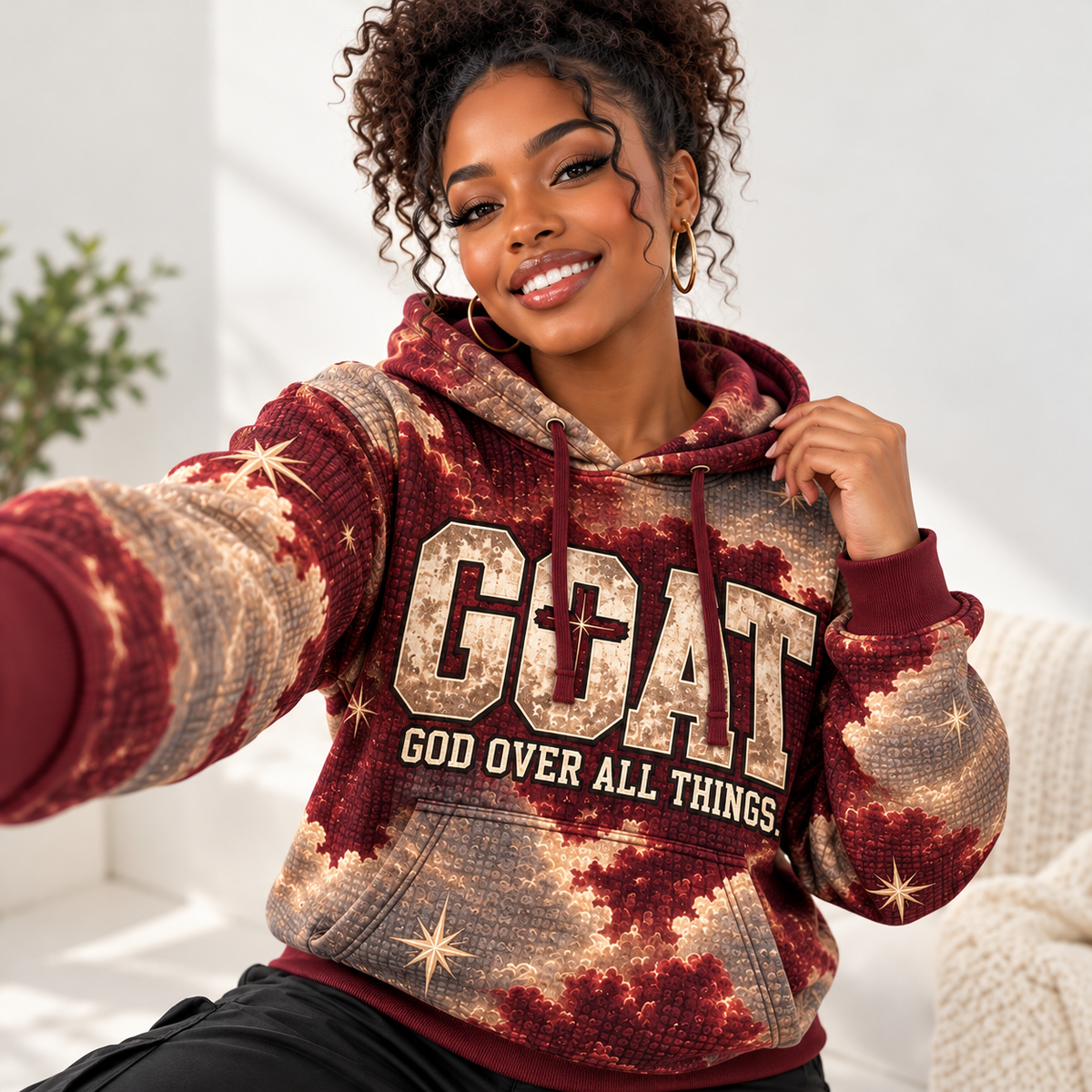 Burgundy Clouds and Golden Stars Waffle Hoodie