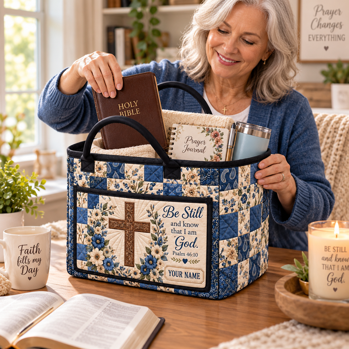 Navy Floral Patchwork Personalized Quilted Storage Basket