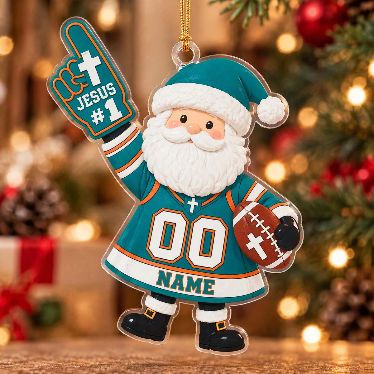 Jesus #1 Teal Football Santa Personalized Sports Ornament