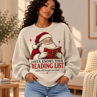 Santa Reading List Waffle Sweatshirt
