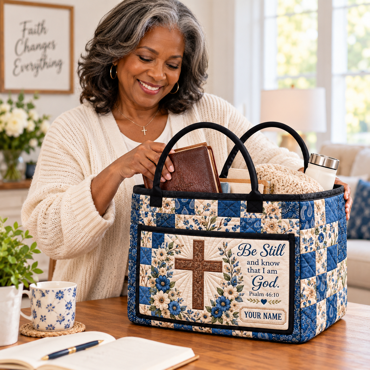 Navy Floral Patchwork Personalized Quilted Storage Basket