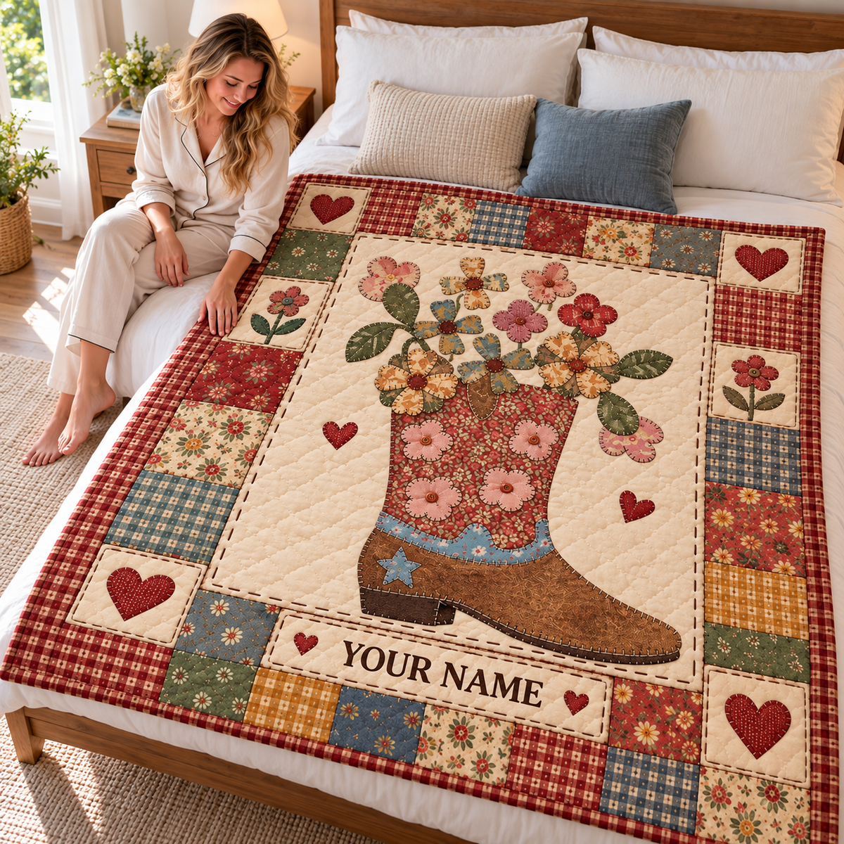 Floral Cowboy Boot Patchwork Personalized Quilt