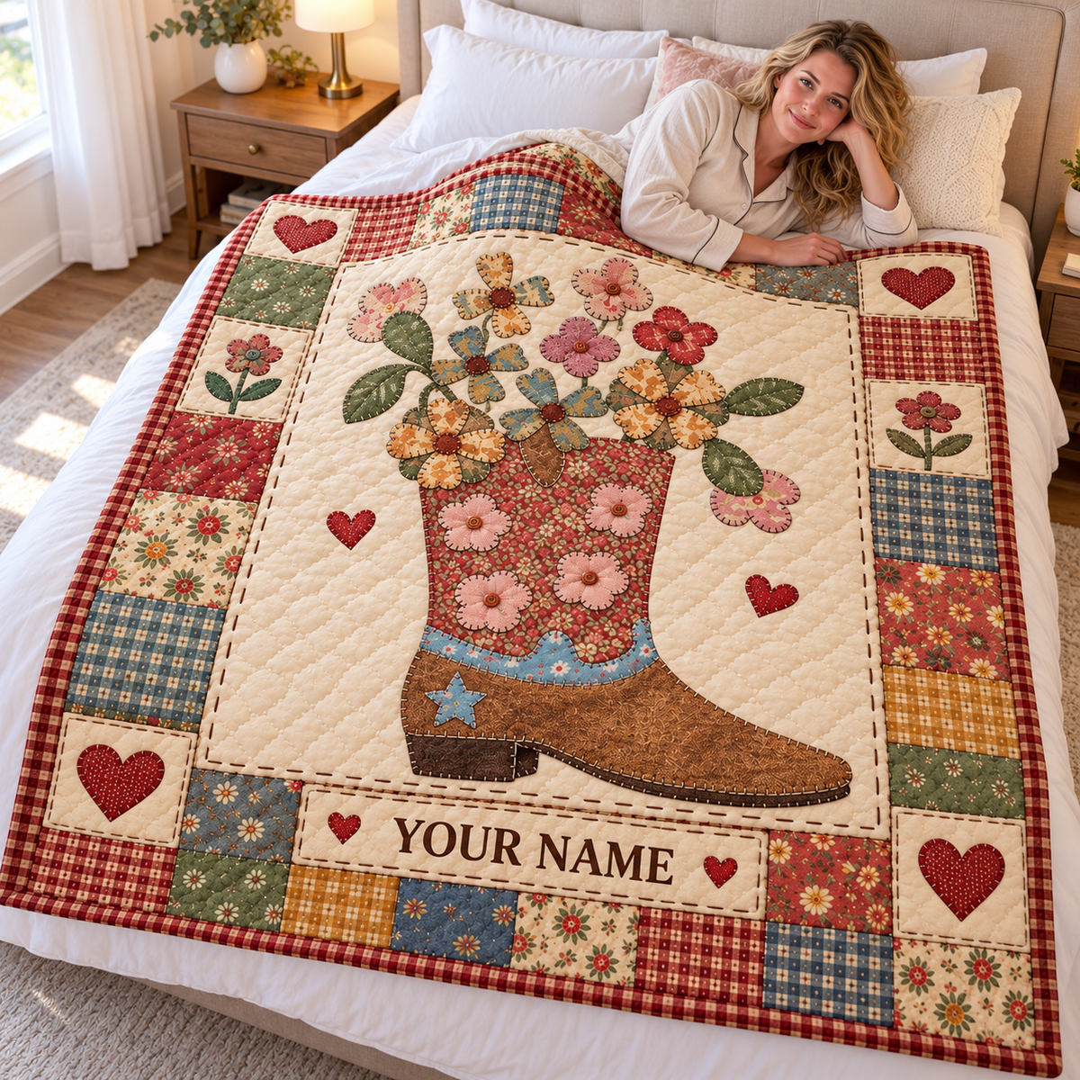 Floral Cowboy Boot Patchwork Personalized Quilt