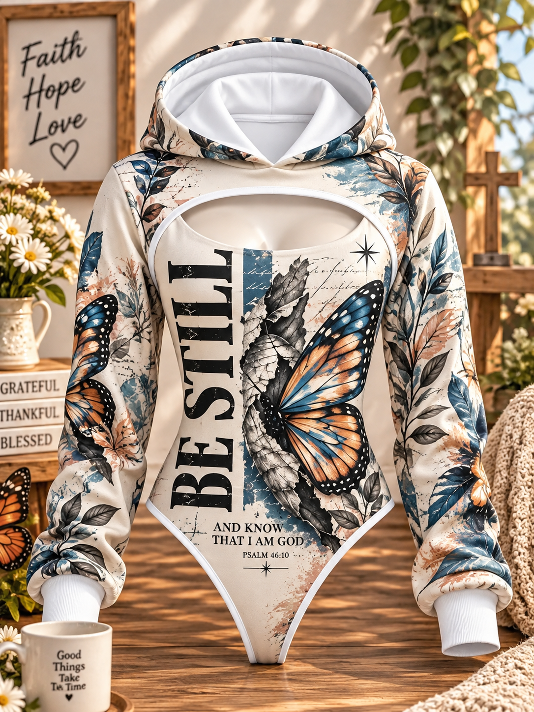 Be Still Praying Hands Butterfly Hooded Jumpsuit