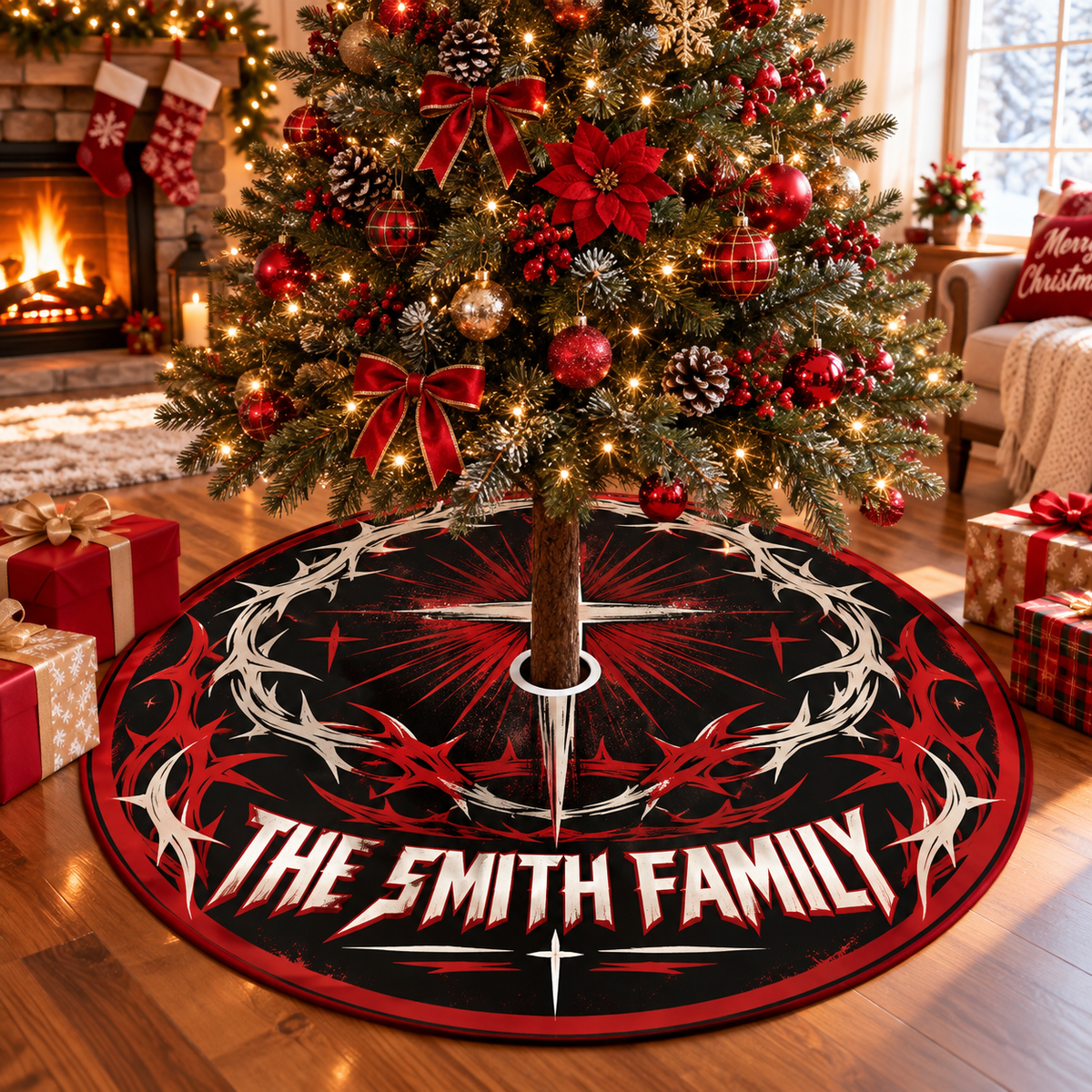 Gothic Cross and Thorns Personalized Christmas Tree Skirt
