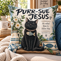 Purr-Sue Jesus Black Cat Pillow