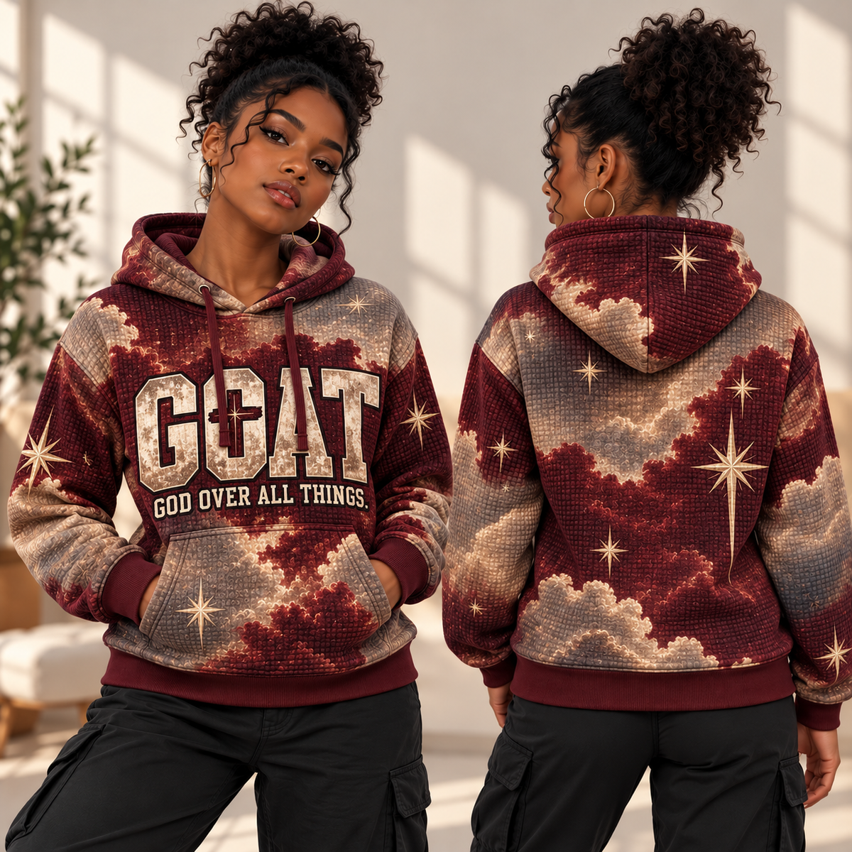 Burgundy Clouds and Golden Stars Waffle Hoodie