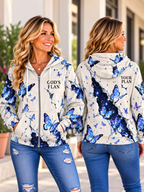 Front and back view of woman wearing God's Plan blue butterfly zip hoodie