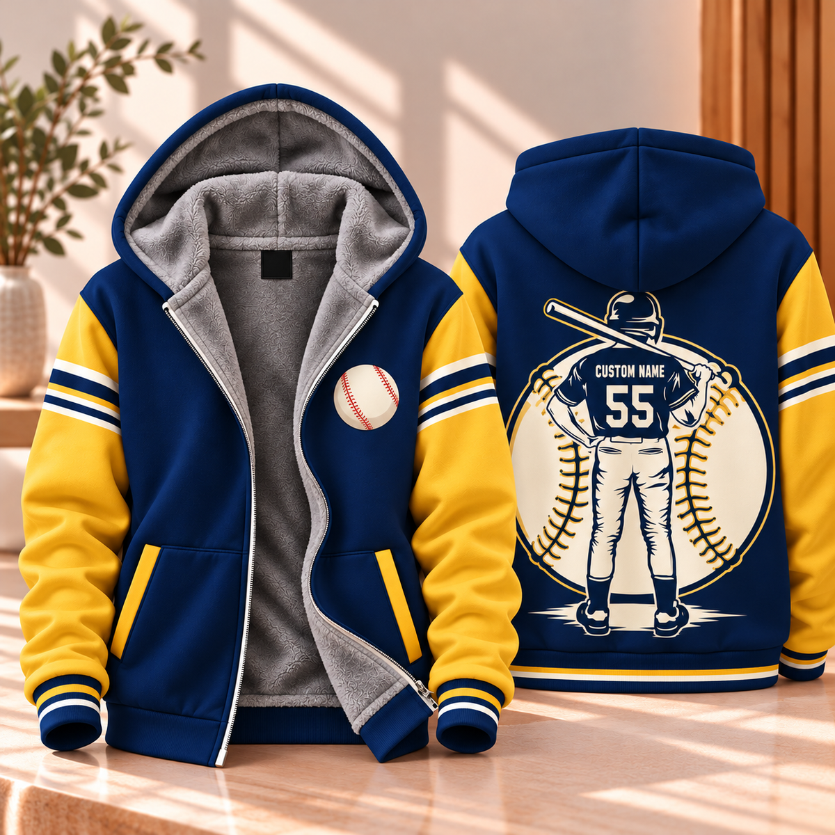 Baseball Player Navy Gold Personalized Fleece Jacket