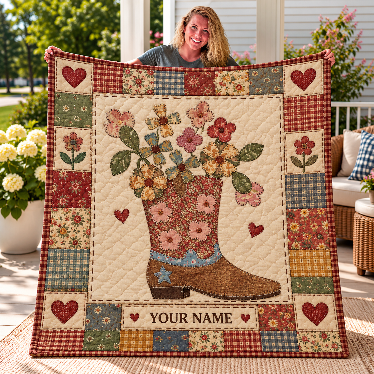 Floral Cowboy Boot Patchwork Personalized Quilt