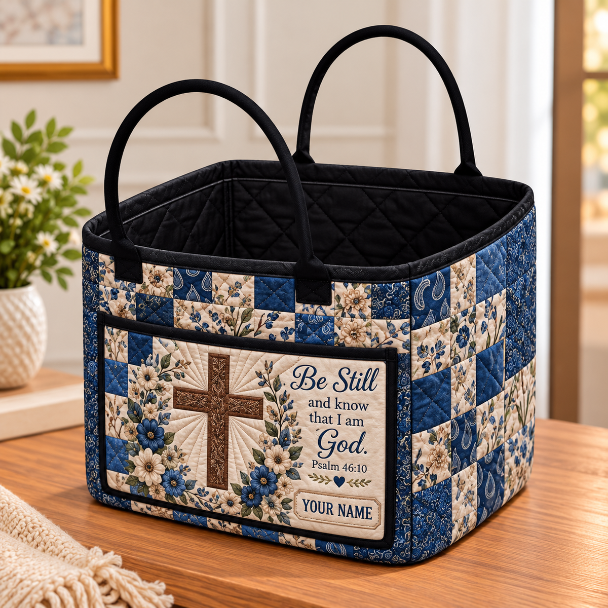 Navy Floral Patchwork Personalized Quilted Storage Basket