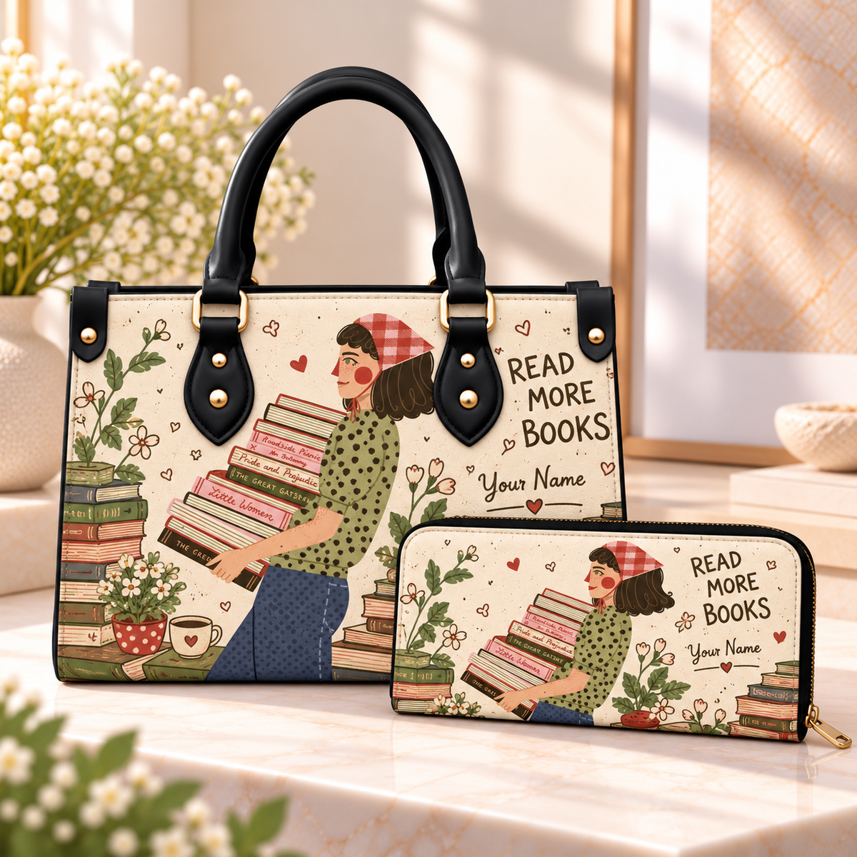 Vintage Book Girl Personalized PU Leather Handbag & Leather Long Wallet