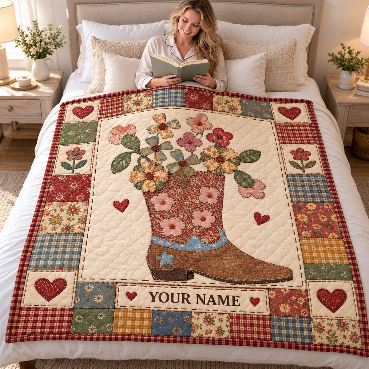 Floral Cowboy Boot Patchwork Personalized Quilt