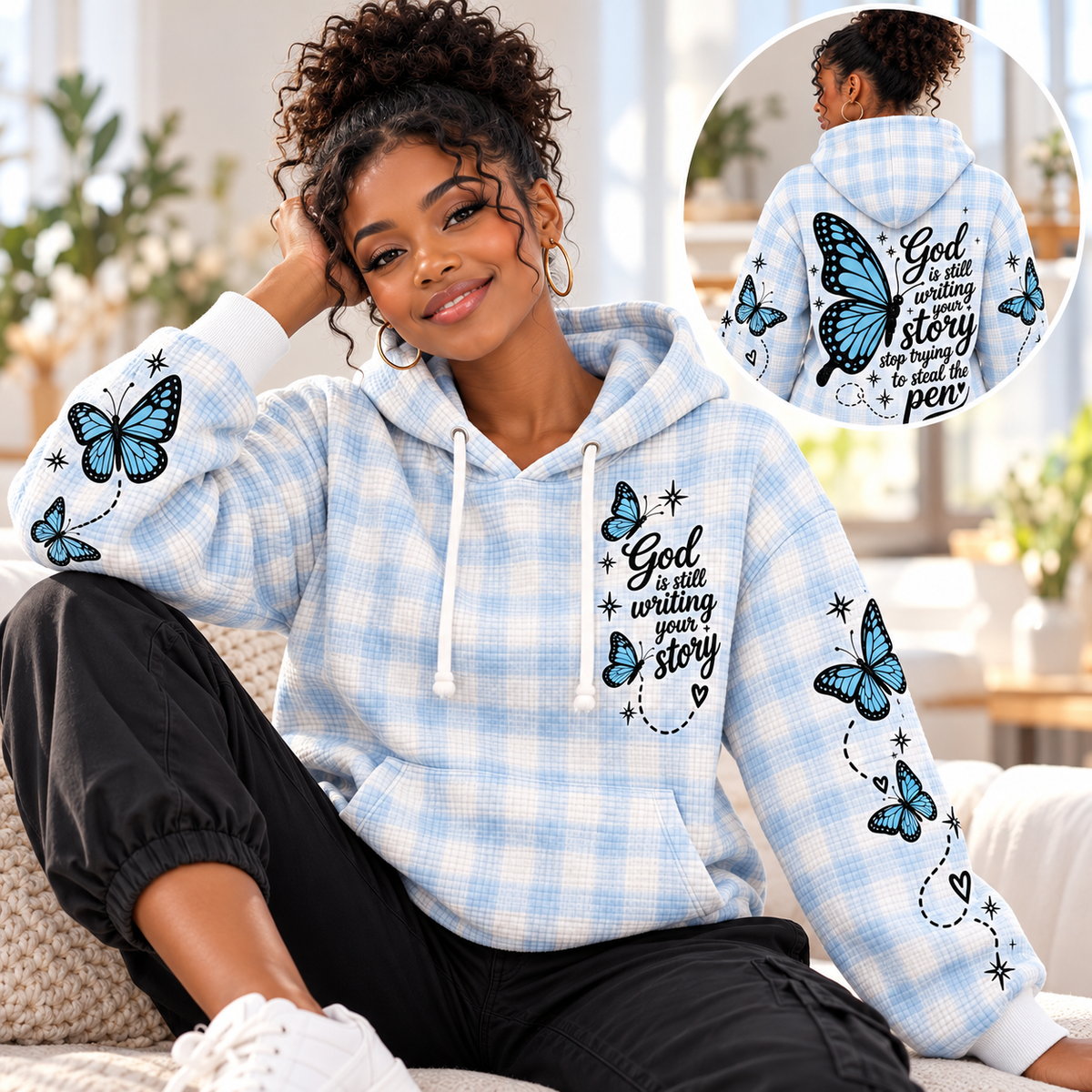 Light Blue Plaid Butterfly Waffle Hoodie