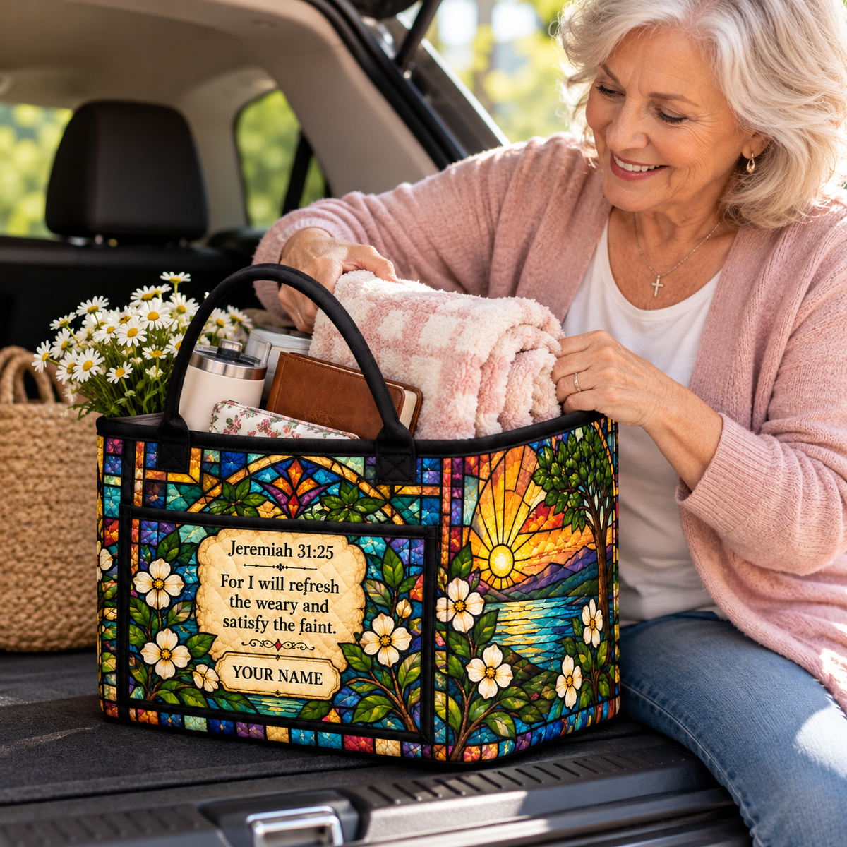 Stained Glass Sunset Personalized Quilted Storage Basket