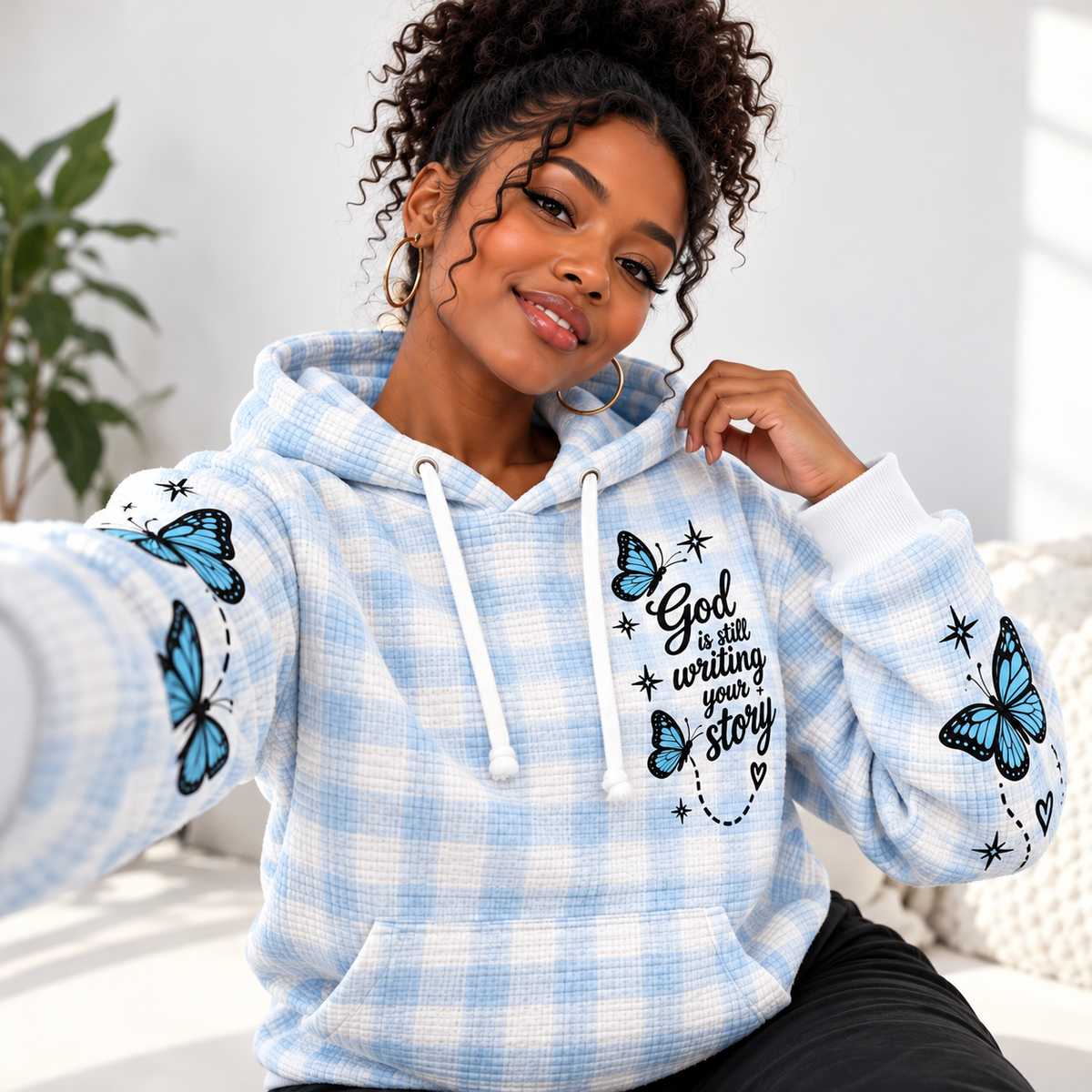 Light Blue Plaid Butterfly Waffle Hoodie