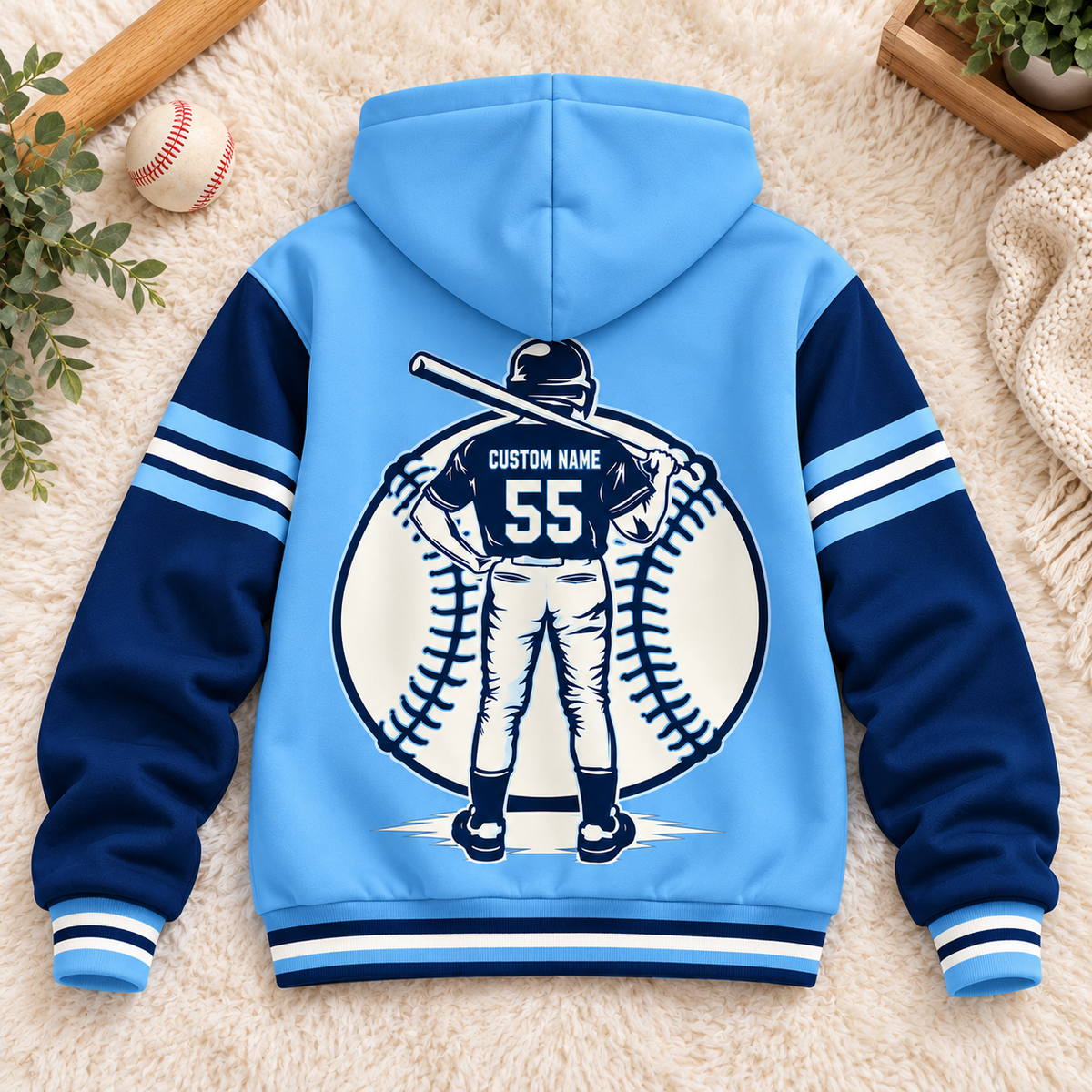 Baseball Player Sky Blue Navy Personalized Fleece Jacket