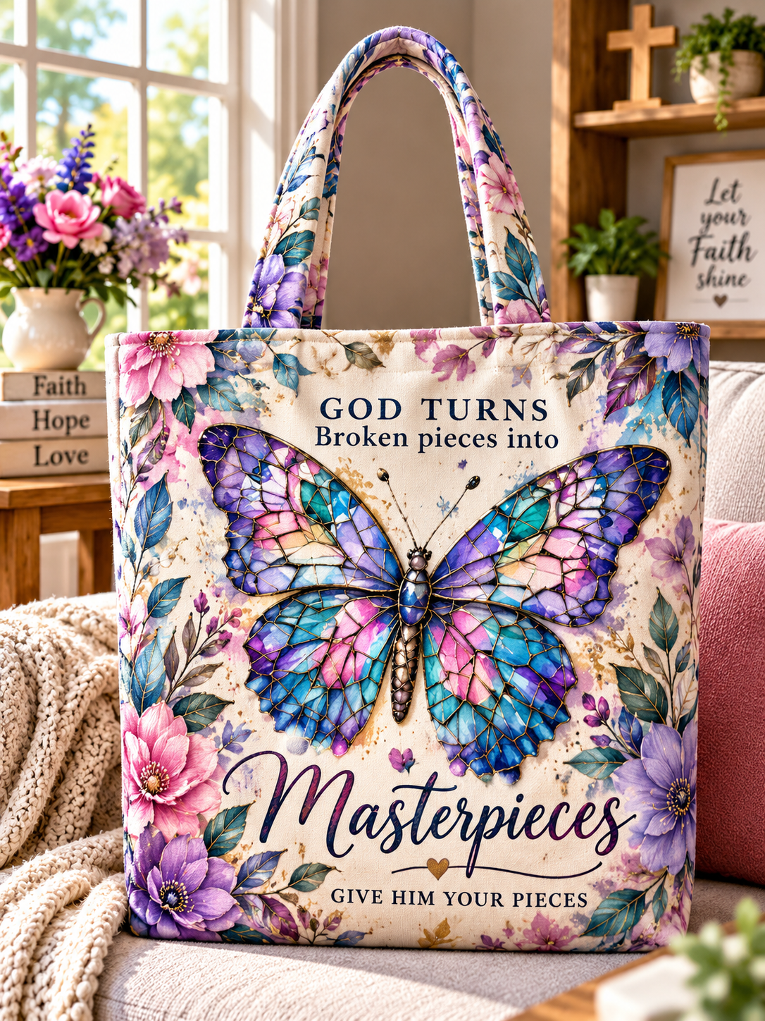 God Turns Broken Pieces Into Masterpieces butterfly canvas tote bag