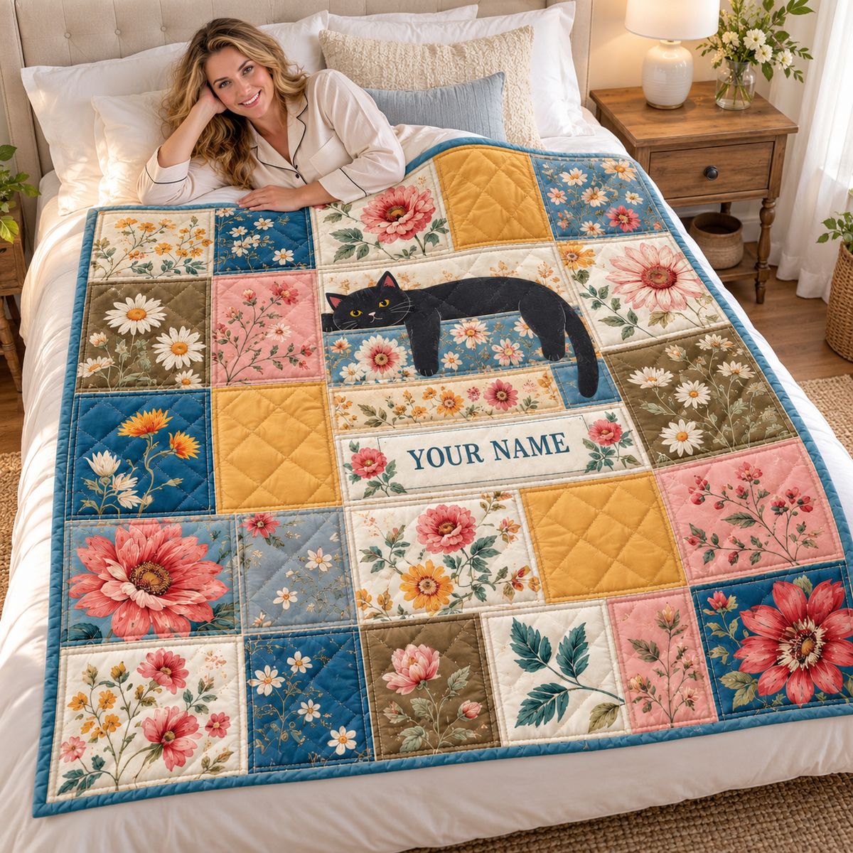 Black Cat Floral Patchwork Personalized Quilt