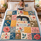 Black Cat Floral Patchwork Personalized Quilt